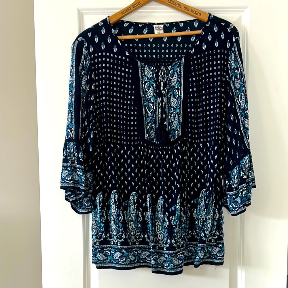 Bila Boho Paisley Print Peasant Blouse w Tassel Ties, Bell Sleeves, Rayon XXL
